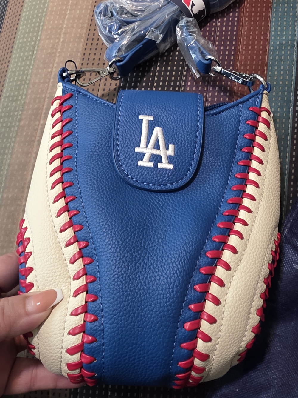 Blue & Cream Baseball-Stitch Crossbody Bag
